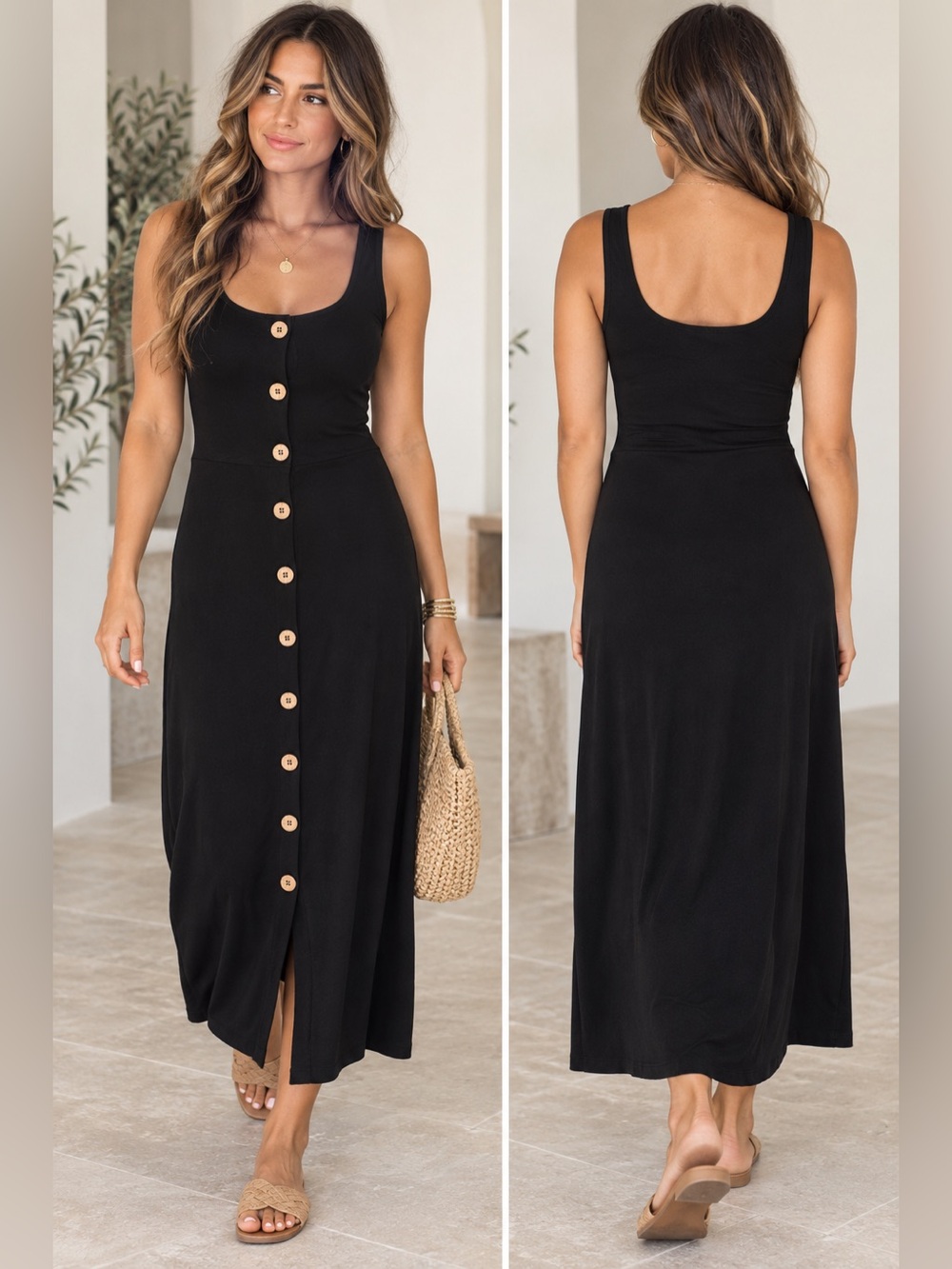 Reformation Jeans Black Button Front Midi Dress Sleeveless Square Neck